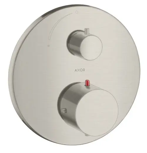 Thermostat mit zwei Reglern in Edelstahl-Optik von AXOR, montiert auf runder Wandplatte. Ein Regler hat einen roten Indikator.